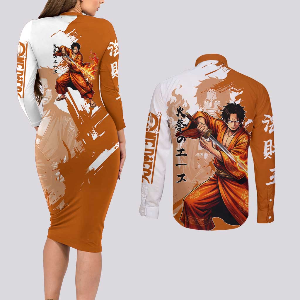 Wano Samurai Portgas D. Ace Couples Matching Long Sleeve Bodycon Dress and Long Sleeve Button Shirt Fiery One Piece Brush Art