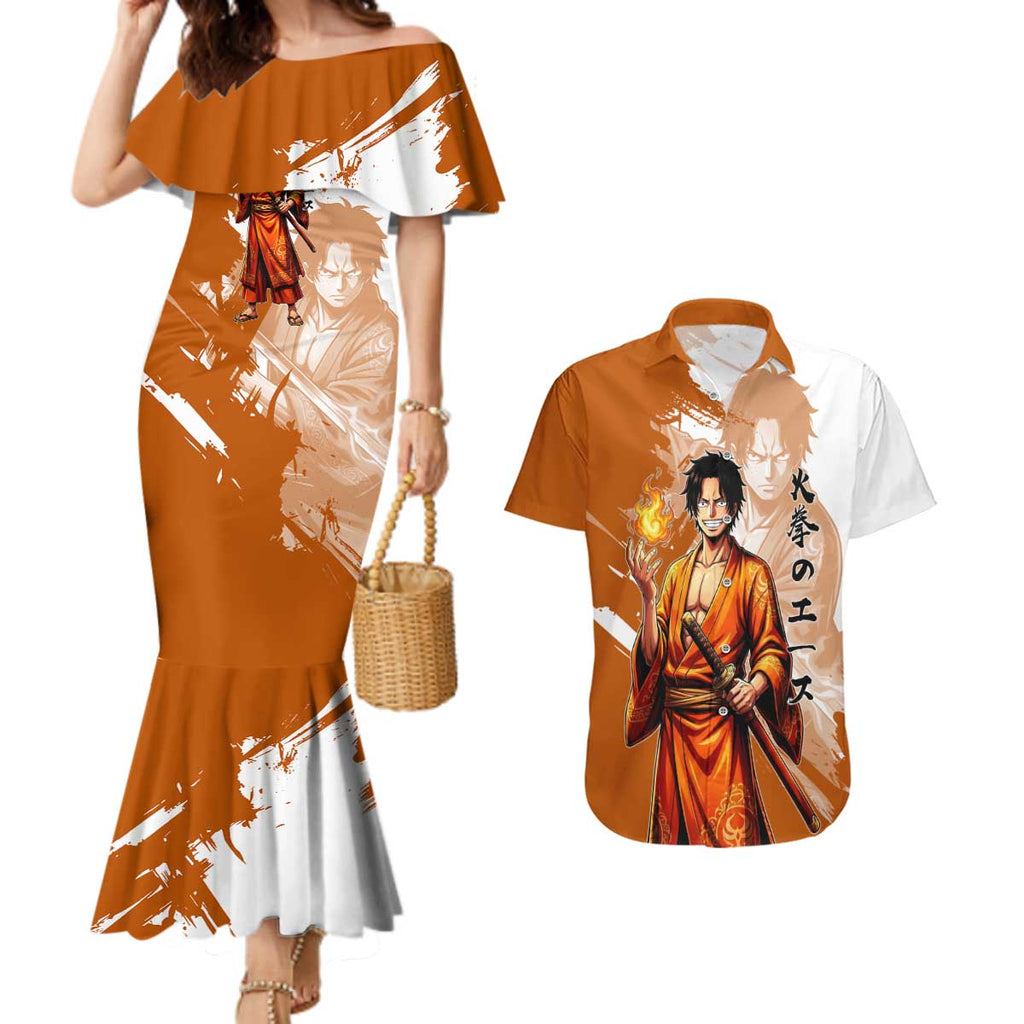 Wano Samurai Portgas D. Ace Couples Matching Mermaid Dress and Hawaiian Shirt Fiery One Piece Brush Art