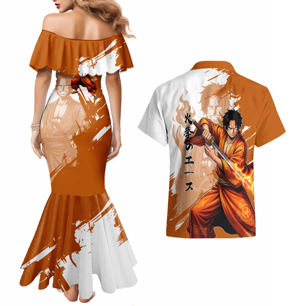 Wano Samurai Portgas D. Ace Couples Matching Mermaid Dress and Hawaiian Shirt Fiery One Piece Brush Art