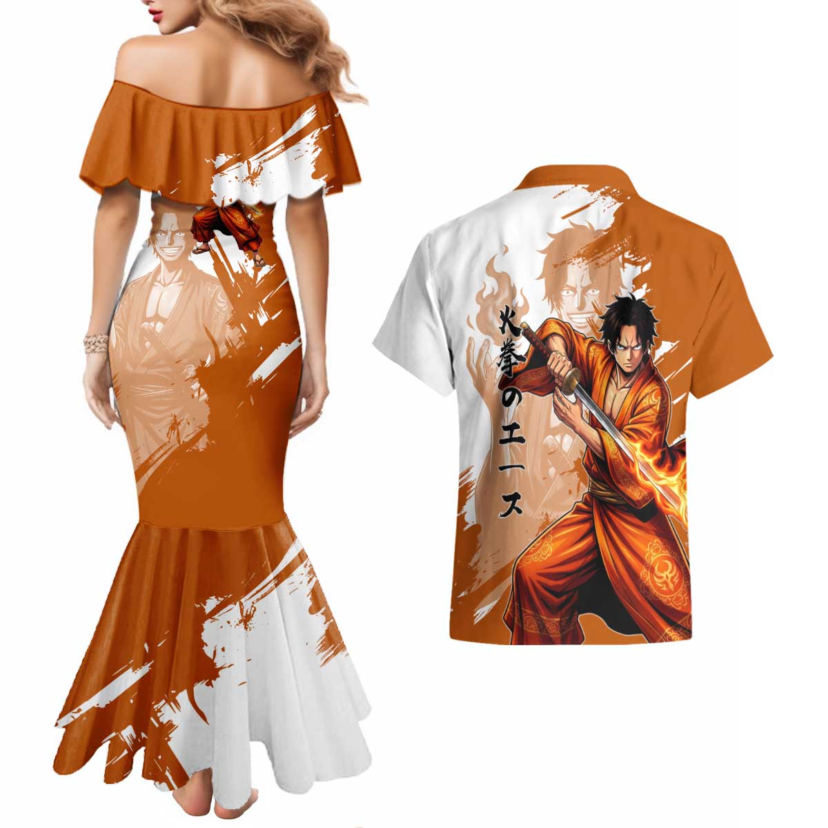 Wano Samurai Portgas D. Ace Couples Matching Mermaid Dress and Hawaiian Shirt Fiery One Piece Brush Art