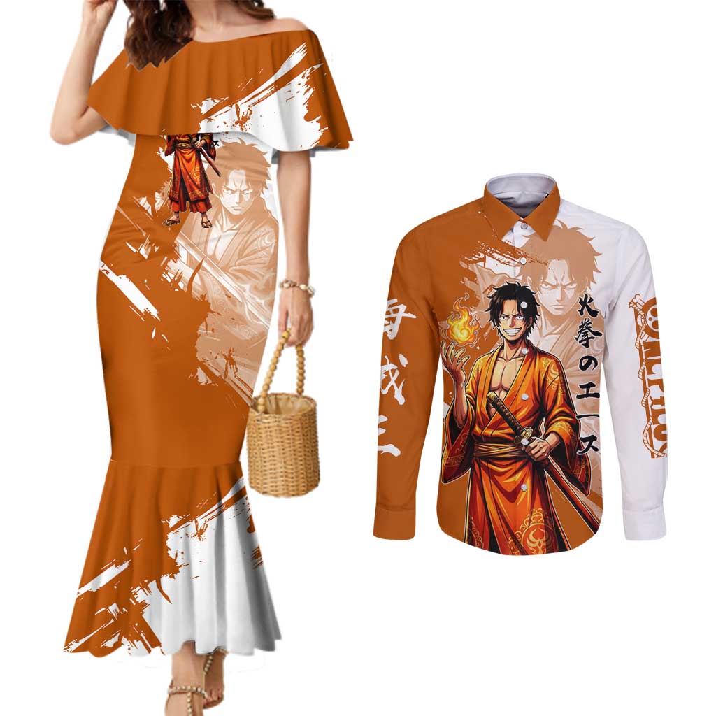 Wano Samurai Portgas D. Ace Couples Matching Mermaid Dress and Long Sleeve Button Shirt Fiery One Piece Brush Art