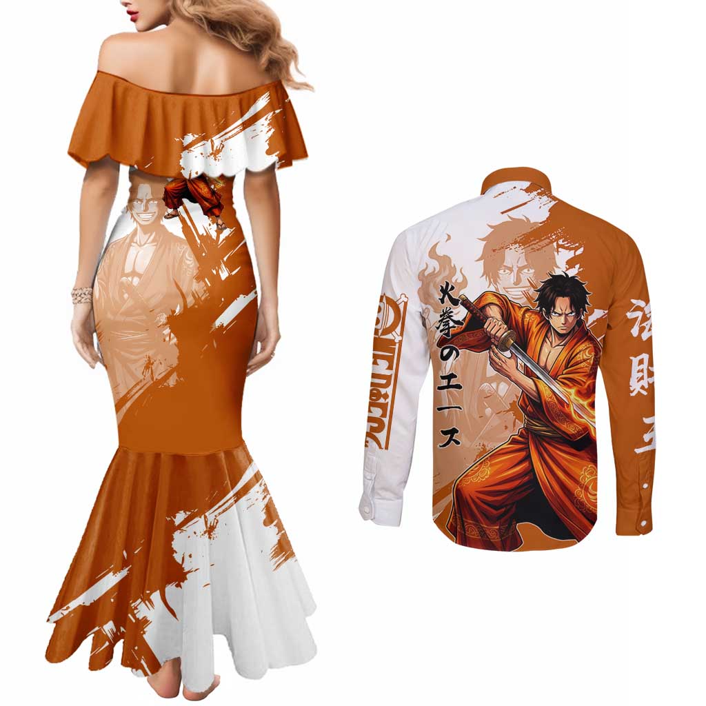 Wano Samurai Portgas D. Ace Couples Matching Mermaid Dress and Long Sleeve Button Shirt Fiery One Piece Brush Art