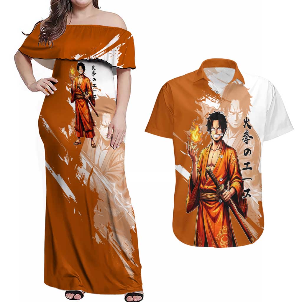 Wano Samurai Portgas D. Ace Couples Matching Off Shoulder Maxi Dress and Hawaiian Shirt Fiery One Piece Brush Art