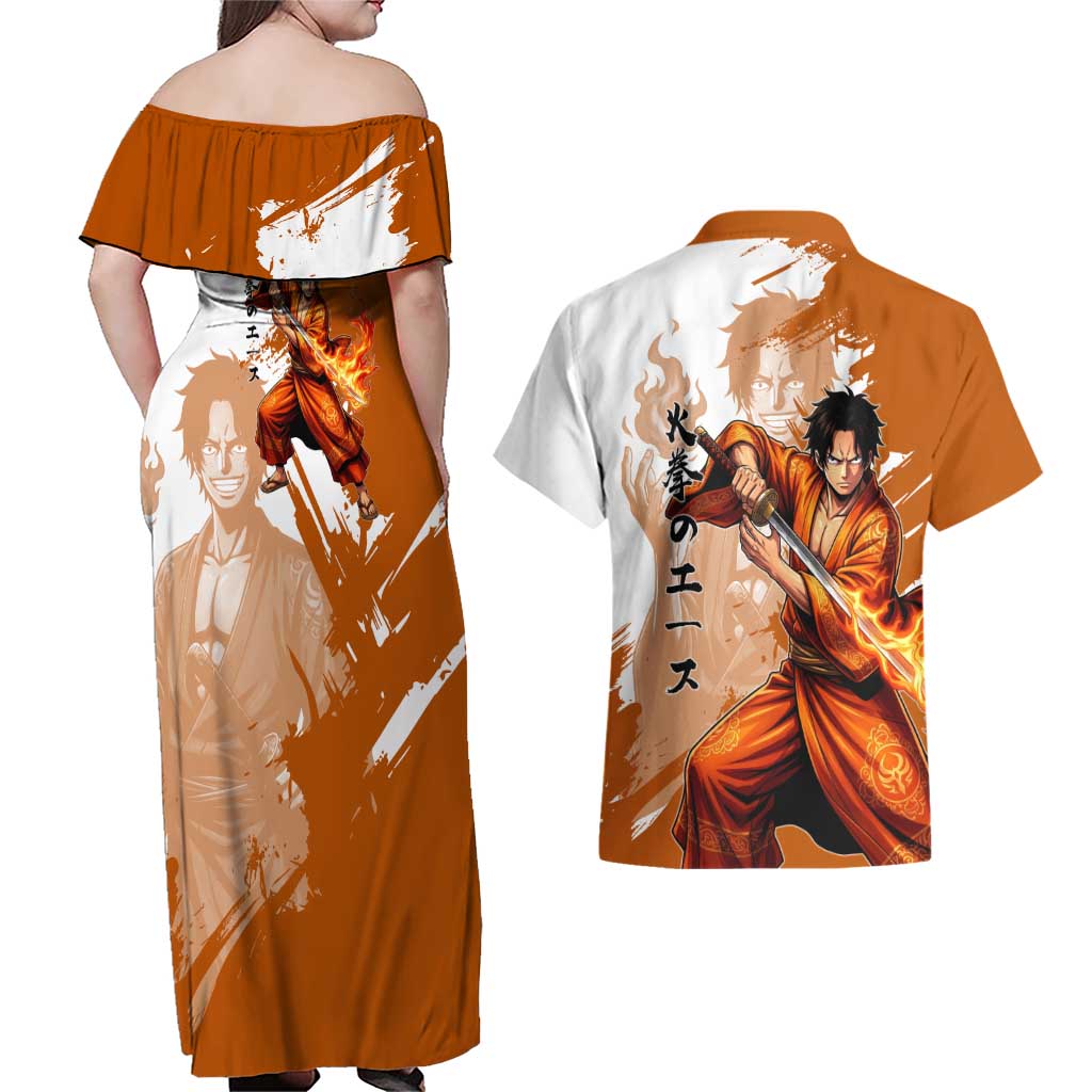 Wano Samurai Portgas D. Ace Couples Matching Off Shoulder Maxi Dress and Hawaiian Shirt Fiery One Piece Brush Art