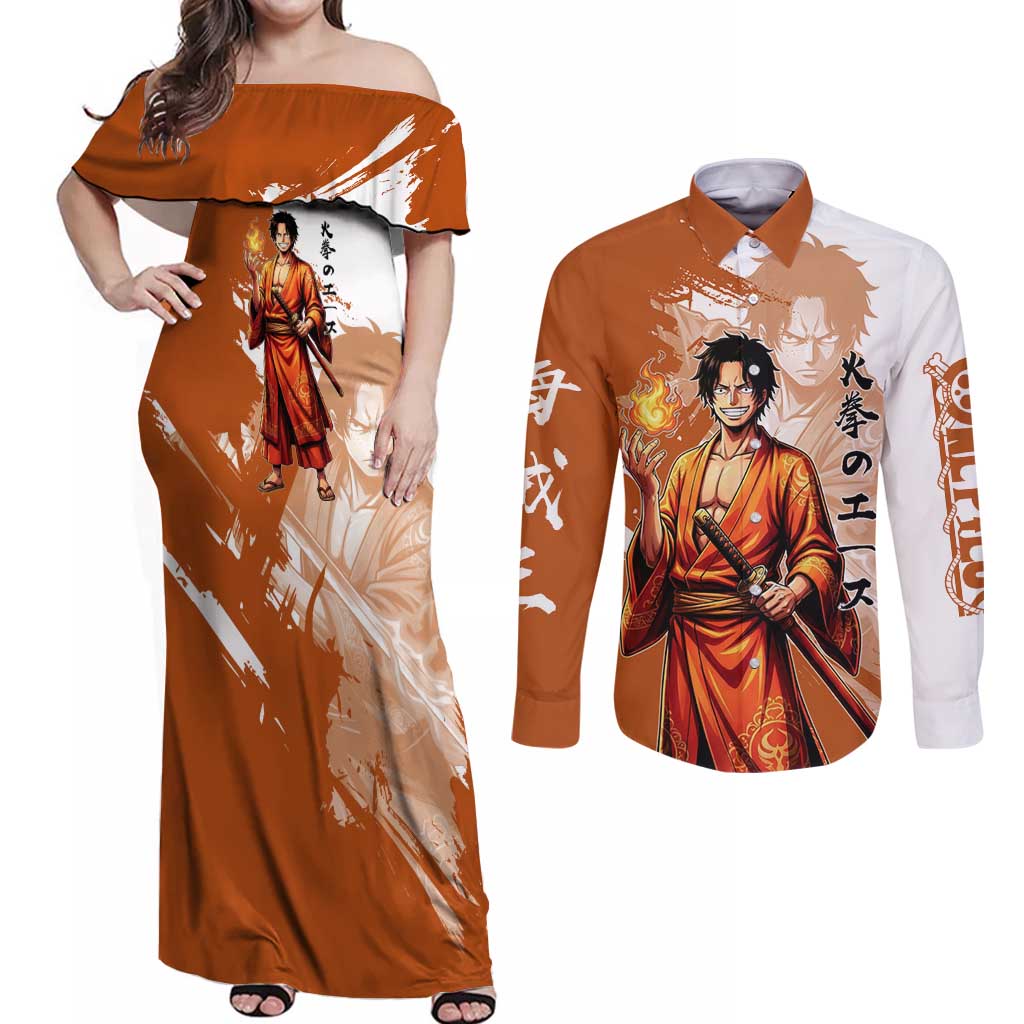 Wano Samurai Portgas D. Ace Couples Matching Off Shoulder Maxi Dress and Long Sleeve Button Shirt Fiery One Piece Brush Art