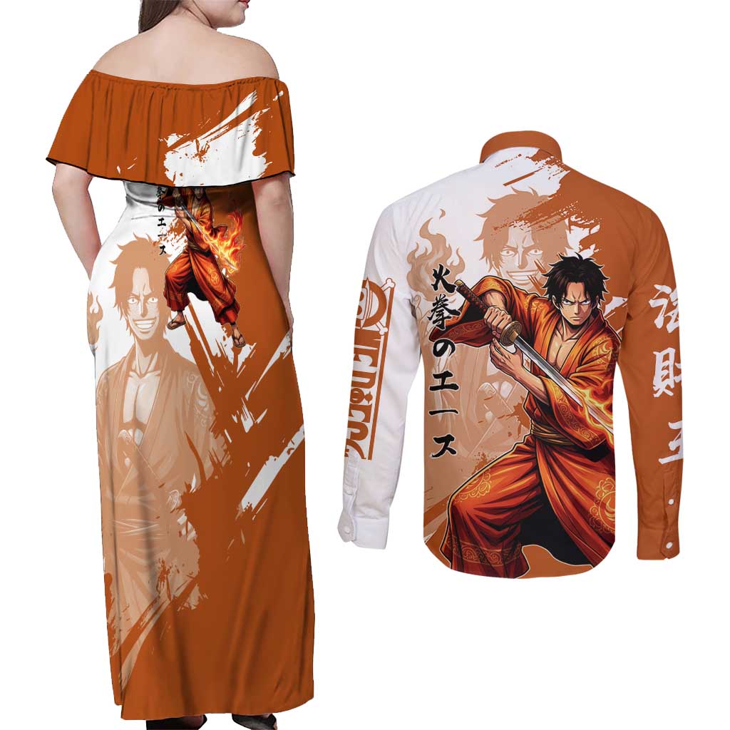 Wano Samurai Portgas D. Ace Couples Matching Off Shoulder Maxi Dress and Long Sleeve Button Shirt Fiery One Piece Brush Art