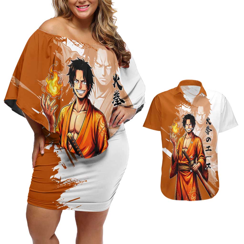 Wano Samurai Portgas D. Ace Couples Matching Off Shoulder Short Dress and Hawaiian Shirt Fiery One Piece Brush Art