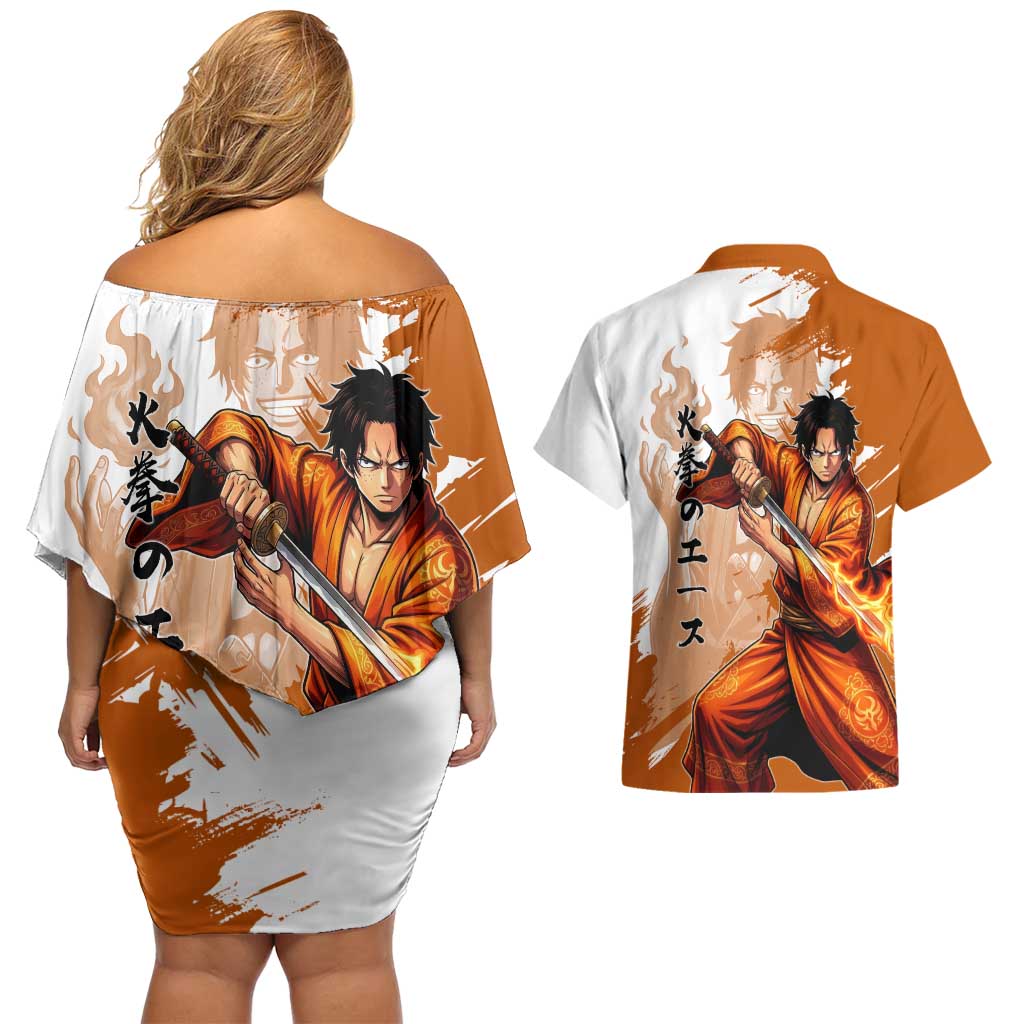 Wano Samurai Portgas D. Ace Couples Matching Off Shoulder Short Dress and Hawaiian Shirt Fiery One Piece Brush Art