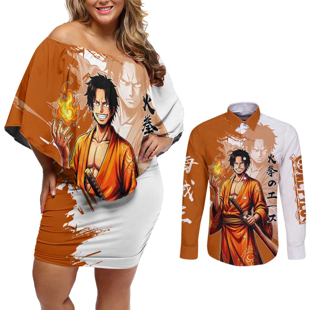 Wano Samurai Portgas D. Ace Couples Matching Off Shoulder Short Dress and Long Sleeve Button Shirt Fiery One Piece Brush Art