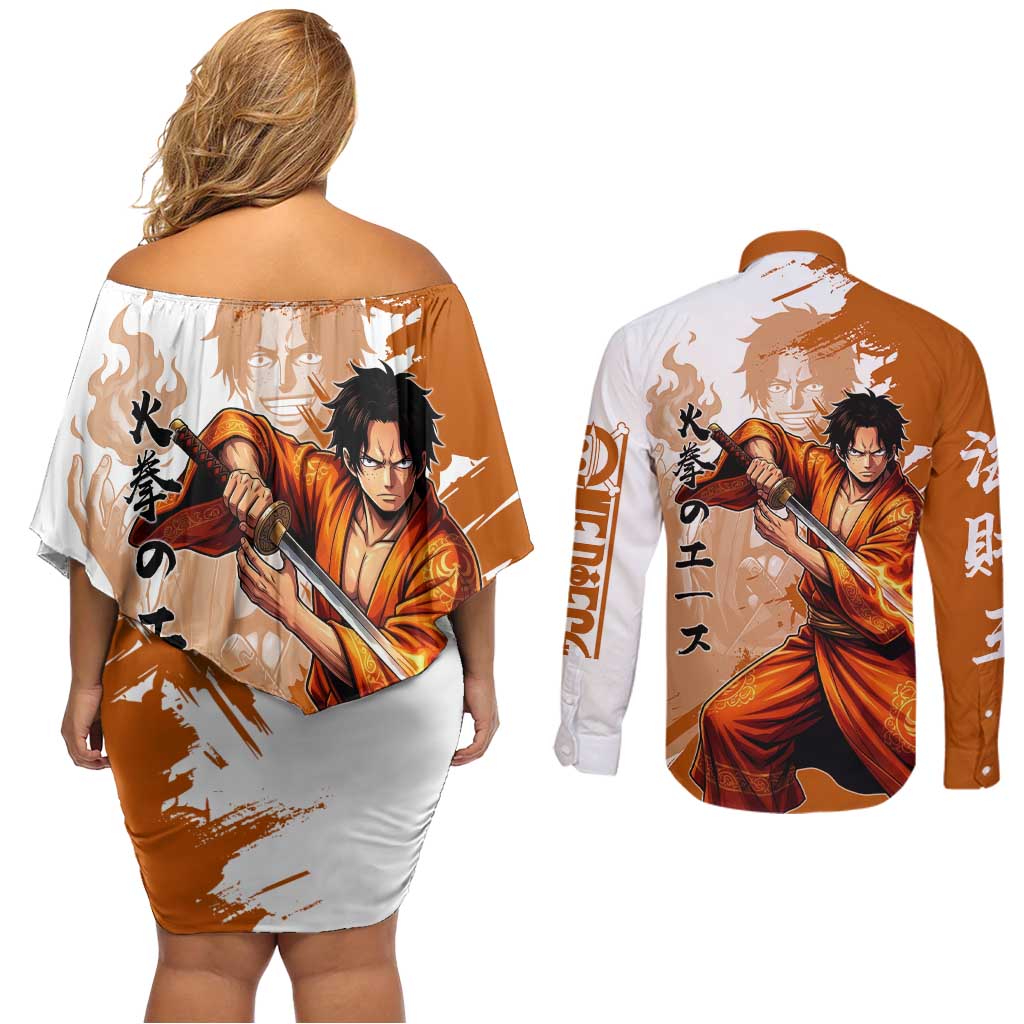 Wano Samurai Portgas D. Ace Couples Matching Off Shoulder Short Dress and Long Sleeve Button Shirt Fiery One Piece Brush Art