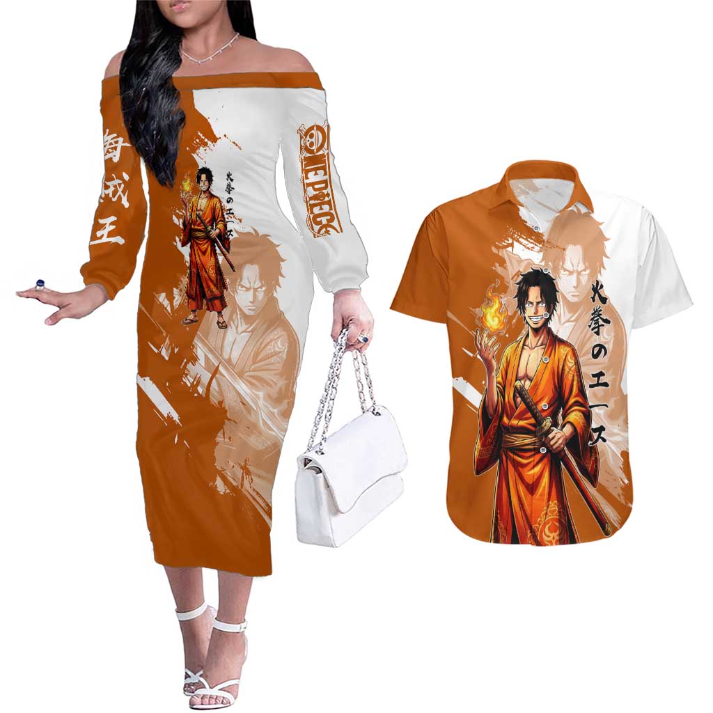 Wano Samurai Portgas D. Ace Couples Matching Off The Shoulder Long Sleeve Dress and Hawaiian Shirt Fiery One Piece Brush Art