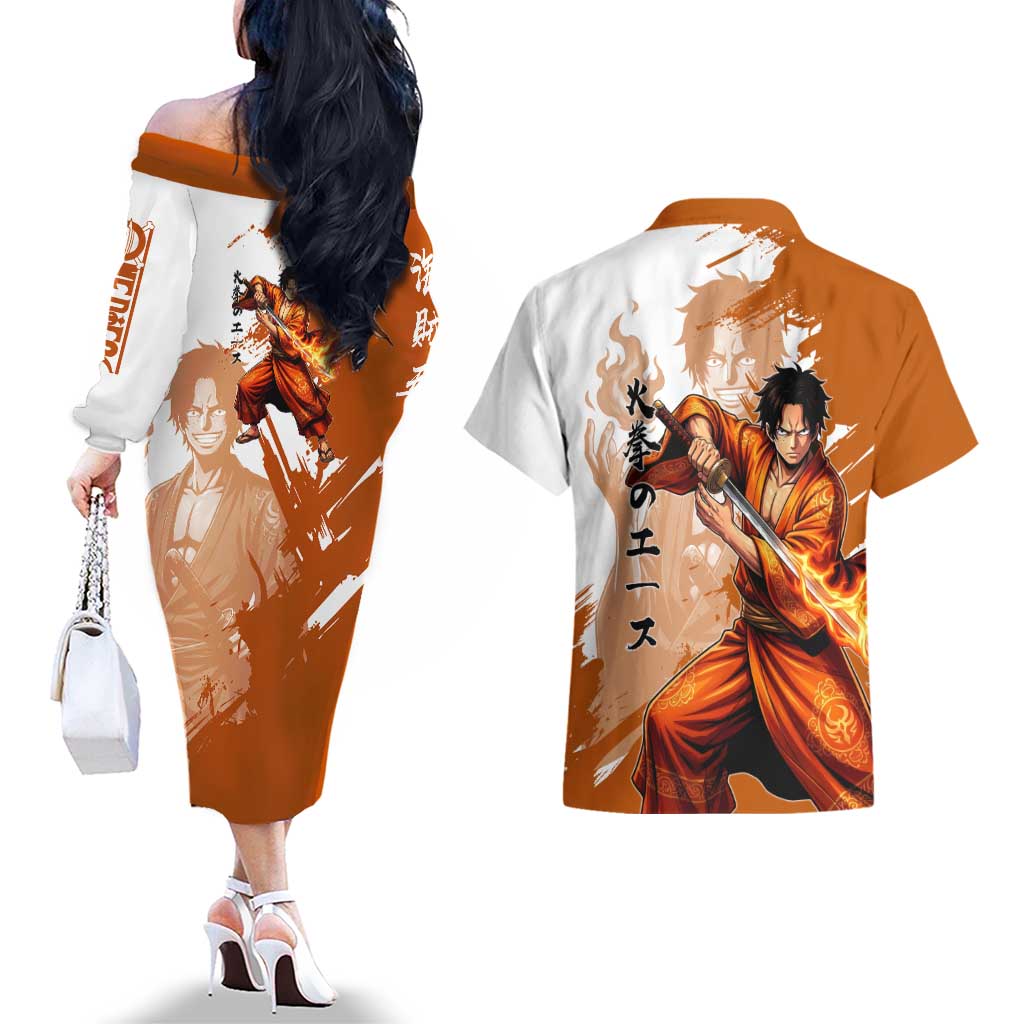 Wano Samurai Portgas D. Ace Couples Matching Off The Shoulder Long Sleeve Dress and Hawaiian Shirt Fiery One Piece Brush Art