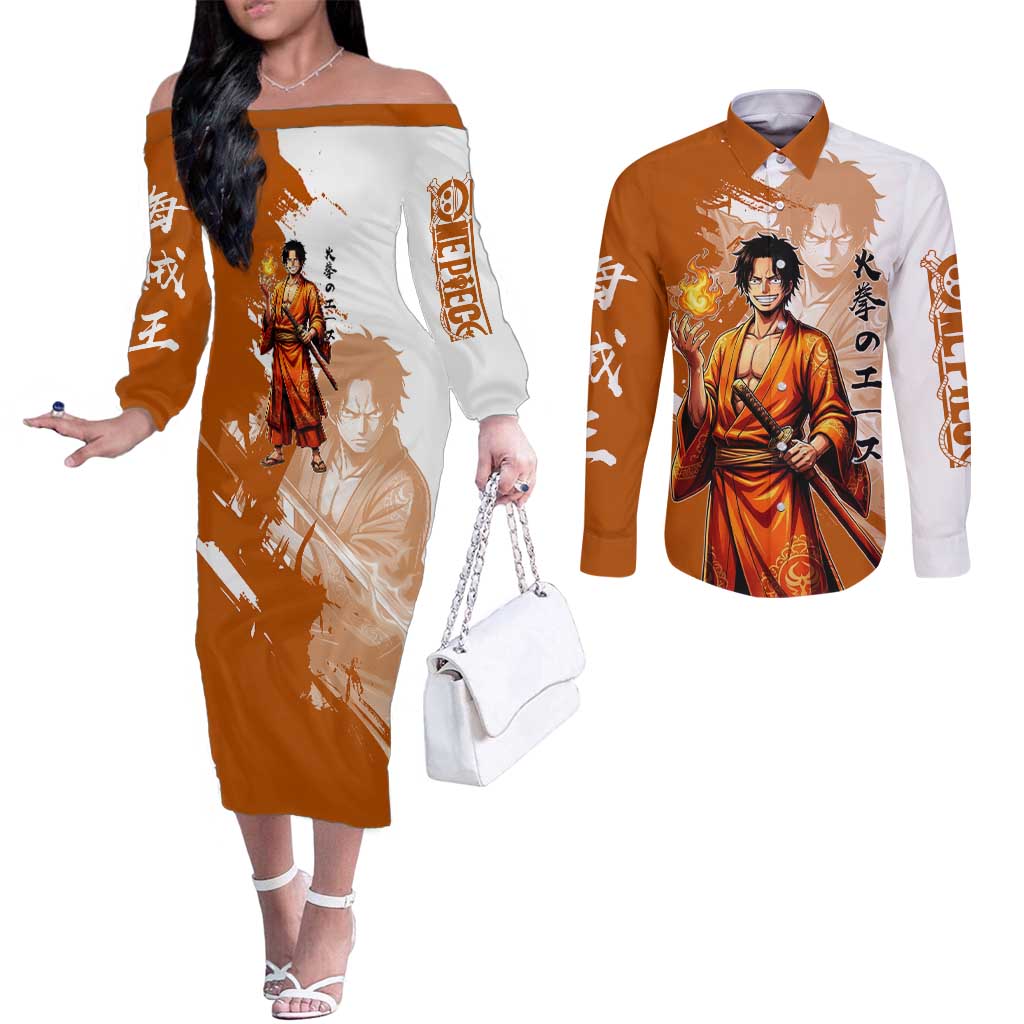 Wano Samurai Portgas D. Ace Couples Matching Off The Shoulder Long Sleeve Dress and Long Sleeve Button Shirt Fiery One Piece Brush Art