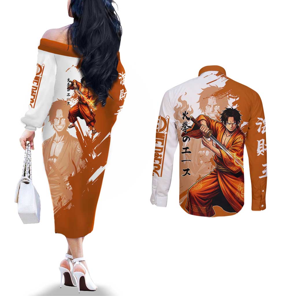 Wano Samurai Portgas D. Ace Couples Matching Off The Shoulder Long Sleeve Dress and Long Sleeve Button Shirt Fiery One Piece Brush Art