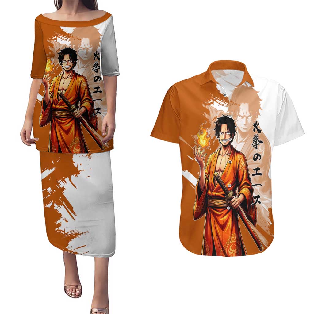 Wano Samurai Portgas D. Ace Couples Matching Puletasi and Hawaiian Shirt Fiery One Piece Brush Art