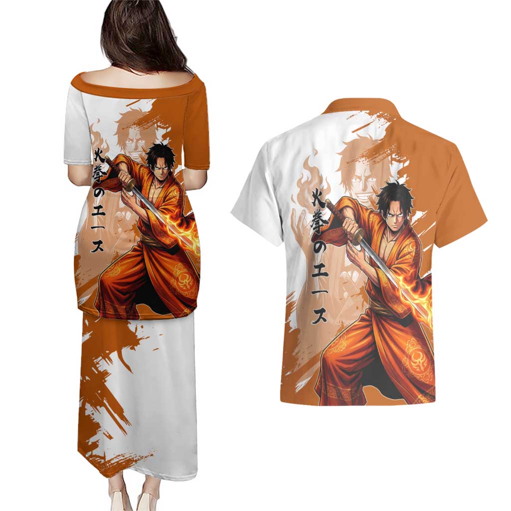 Wano Samurai Portgas D. Ace Couples Matching Puletasi and Hawaiian Shirt Fiery One Piece Brush Art