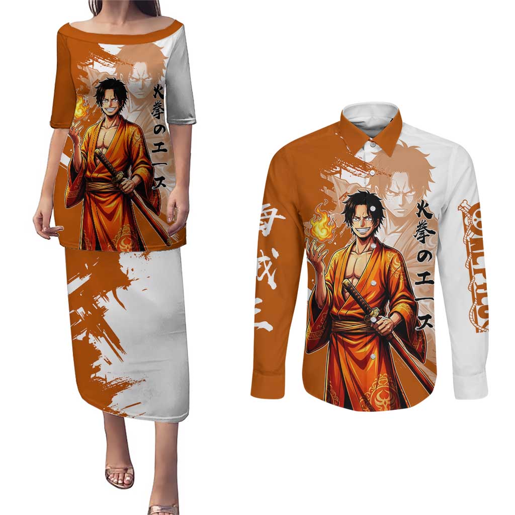 Wano Samurai Portgas D. Ace Couples Matching Puletasi and Long Sleeve Button Shirt Fiery One Piece Brush Art