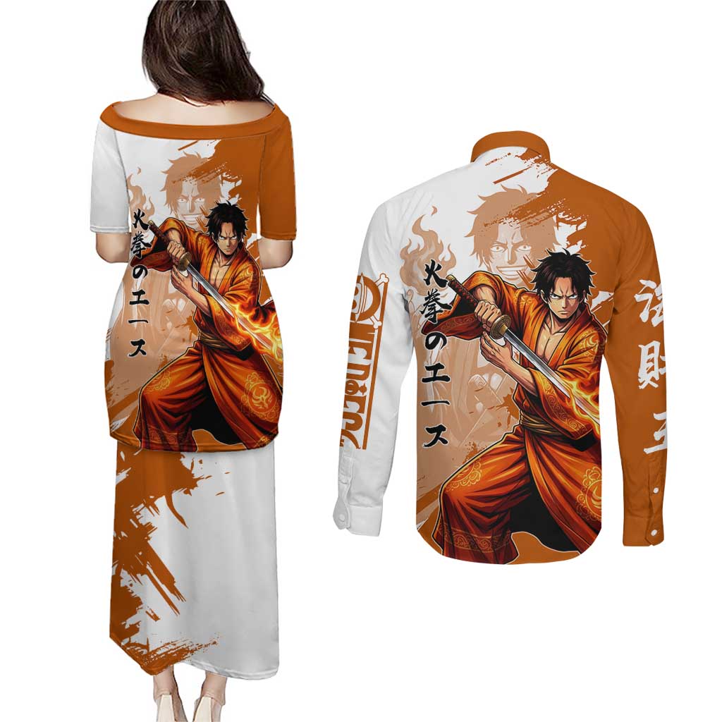 Wano Samurai Portgas D. Ace Couples Matching Puletasi and Long Sleeve Button Shirt Fiery One Piece Brush Art