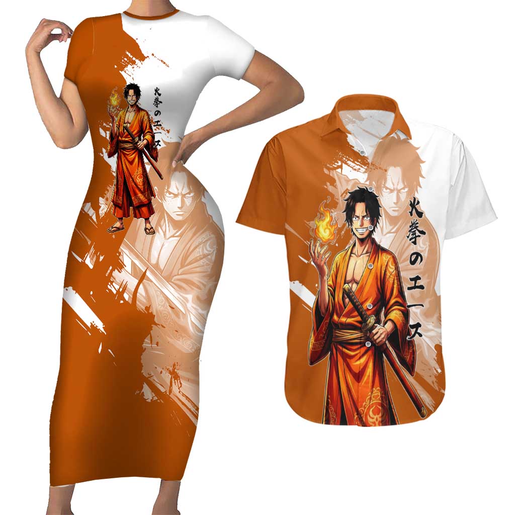 Wano Samurai Portgas D. Ace Couples Matching Short Sleeve Bodycon Dress and Hawaiian Shirt Fiery One Piece Brush Art