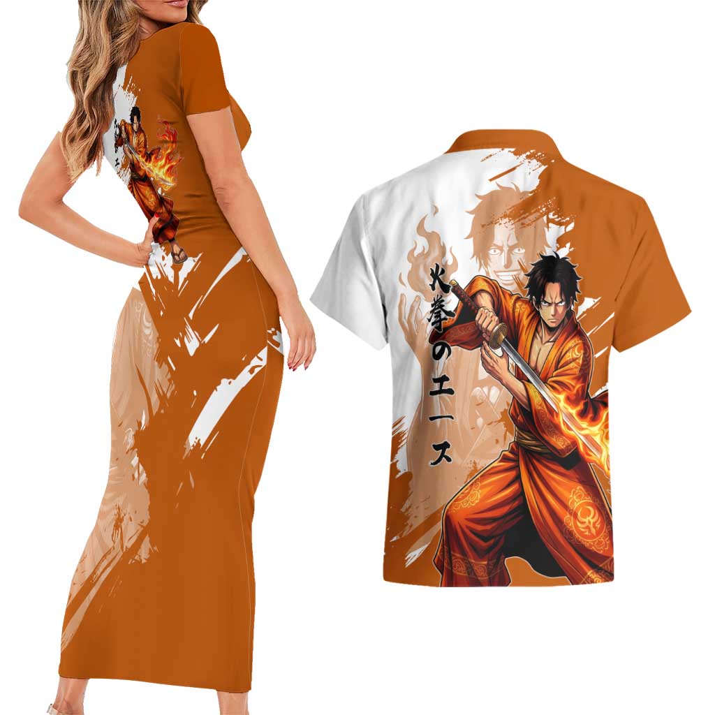 Wano Samurai Portgas D. Ace Couples Matching Short Sleeve Bodycon Dress and Hawaiian Shirt Fiery One Piece Brush Art