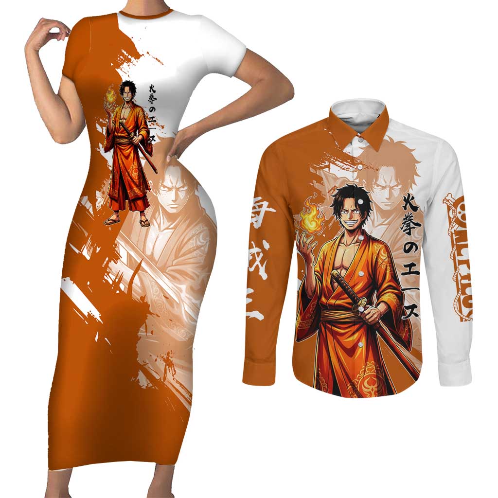 Wano Samurai Portgas D. Ace Couples Matching Short Sleeve Bodycon Dress and Long Sleeve Button Shirt Fiery One Piece Brush Art