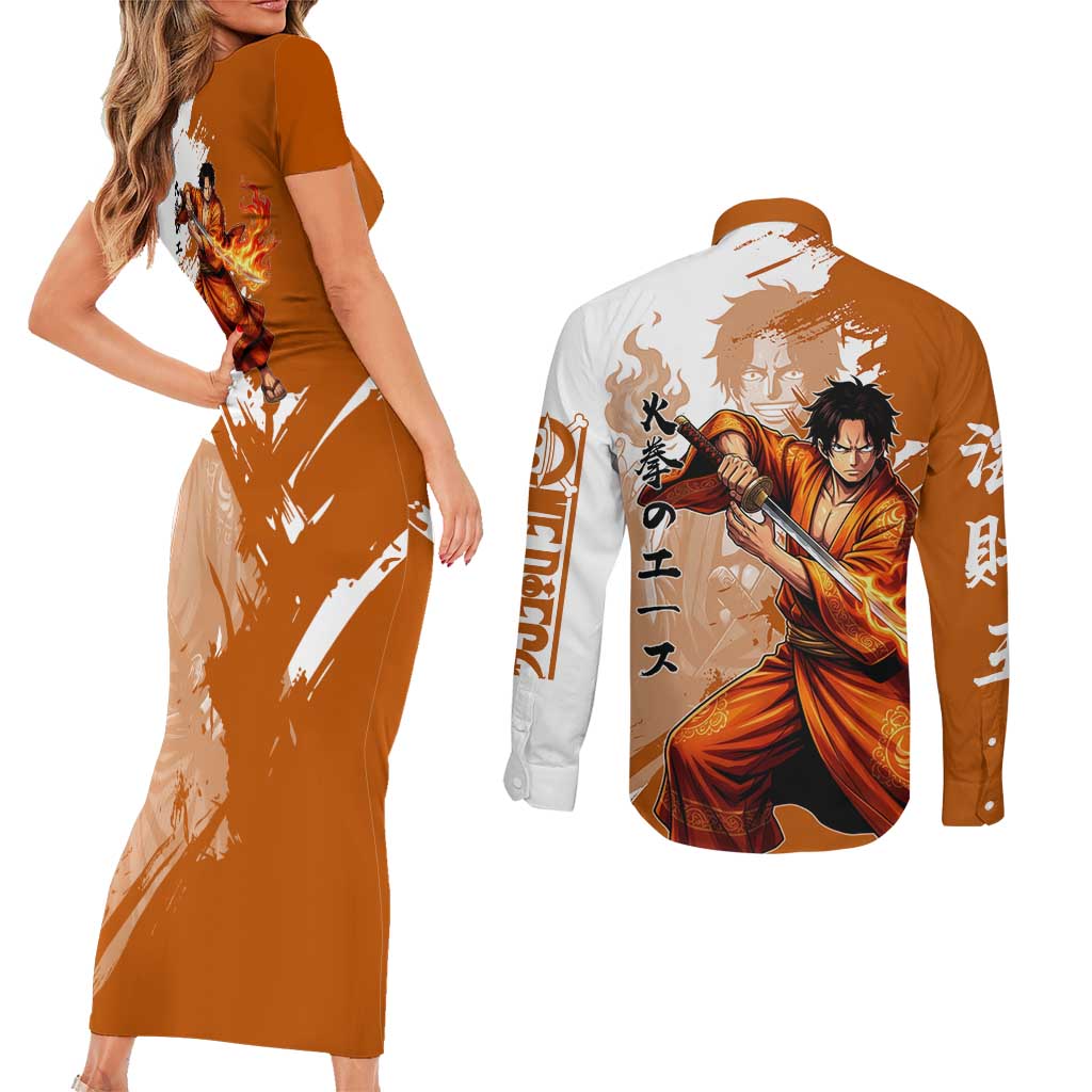 Wano Samurai Portgas D. Ace Couples Matching Short Sleeve Bodycon Dress and Long Sleeve Button Shirt Fiery One Piece Brush Art