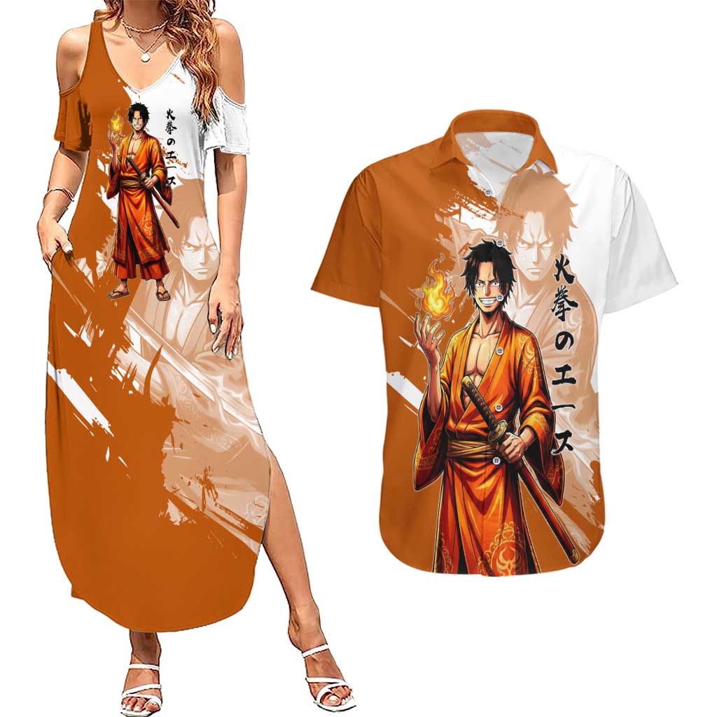 Wano Samurai Portgas D. Ace Couples Matching Summer Maxi Dress and Hawaiian Shirt Fiery One Piece Brush Art