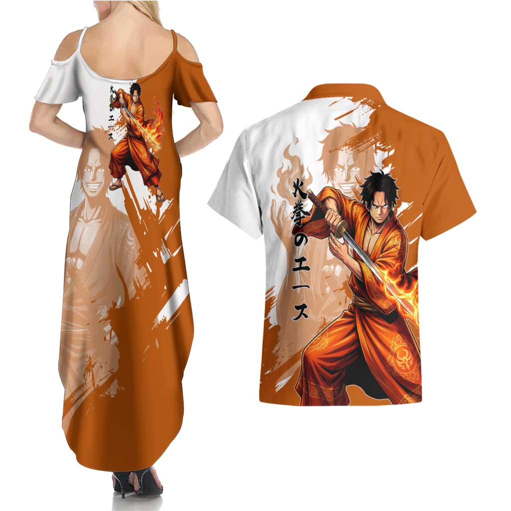 Wano Samurai Portgas D. Ace Couples Matching Summer Maxi Dress and Hawaiian Shirt Fiery One Piece Brush Art