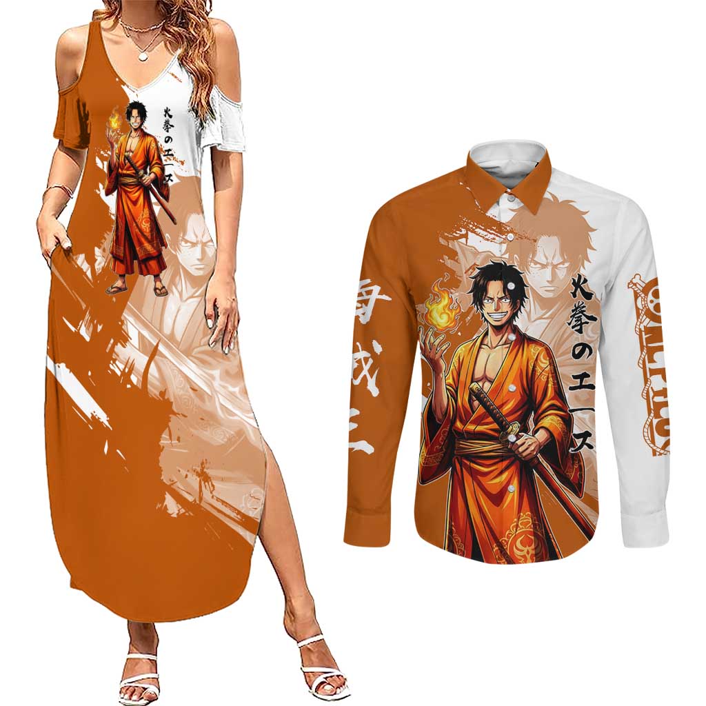 Wano Samurai Portgas D. Ace Couples Matching Summer Maxi Dress and Long Sleeve Button Shirt Fiery One Piece Brush Art