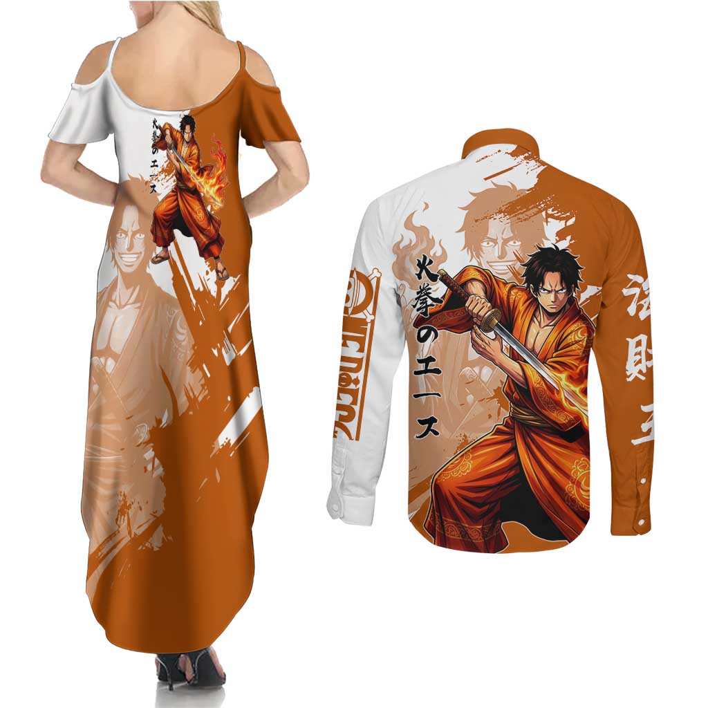 Wano Samurai Portgas D. Ace Couples Matching Summer Maxi Dress and Long Sleeve Button Shirt Fiery One Piece Brush Art