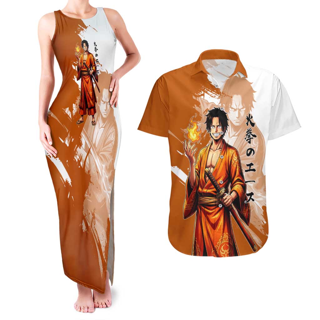 Wano Samurai Portgas D. Ace Couples Matching Tank Maxi Dress and Hawaiian Shirt Fiery One Piece Brush Art