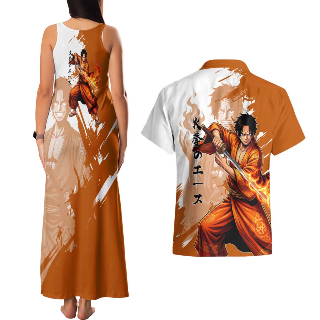 Wano Samurai Portgas D. Ace Couples Matching Tank Maxi Dress and Hawaiian Shirt Fiery One Piece Brush Art
