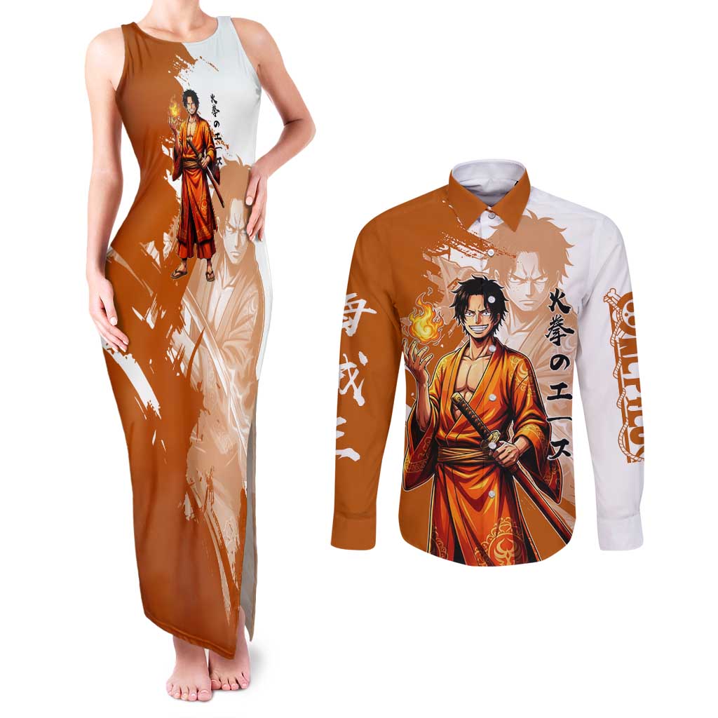 Wano Samurai Portgas D. Ace Couples Matching Tank Maxi Dress and Long Sleeve Button Shirt Fiery One Piece Brush Art