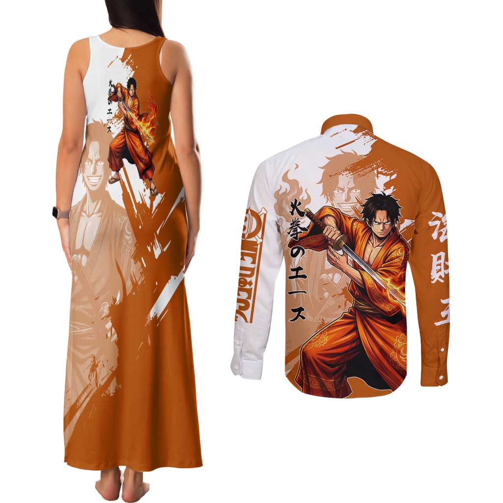 Wano Samurai Portgas D. Ace Couples Matching Tank Maxi Dress and Long Sleeve Button Shirt Fiery One Piece Brush Art