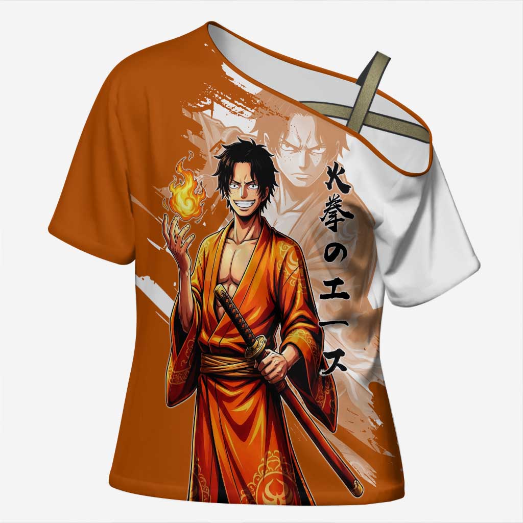 Wano Samurai Portgas D. Ace Cross Shoulder Shirt Fiery One Piece Brush Art