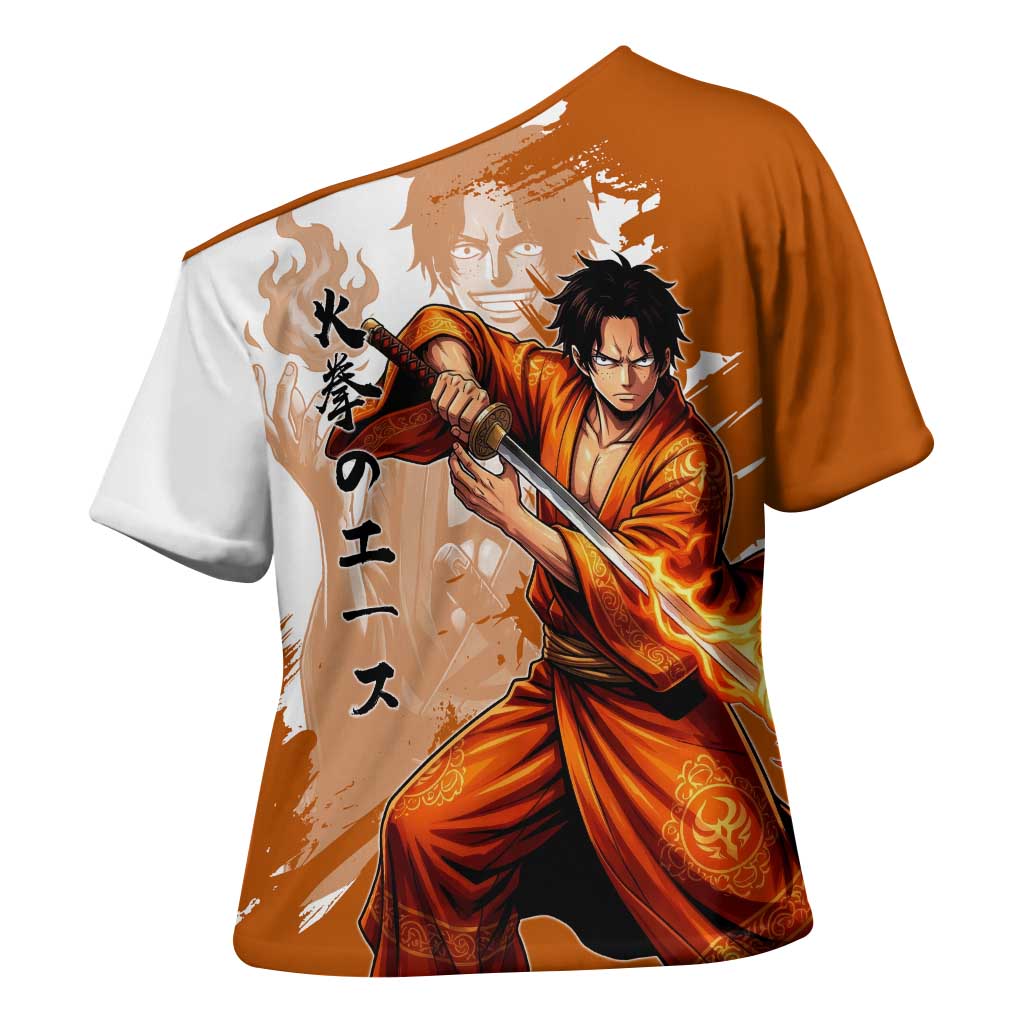 Wano Samurai Portgas D. Ace Cross Shoulder Shirt Fiery One Piece Brush Art