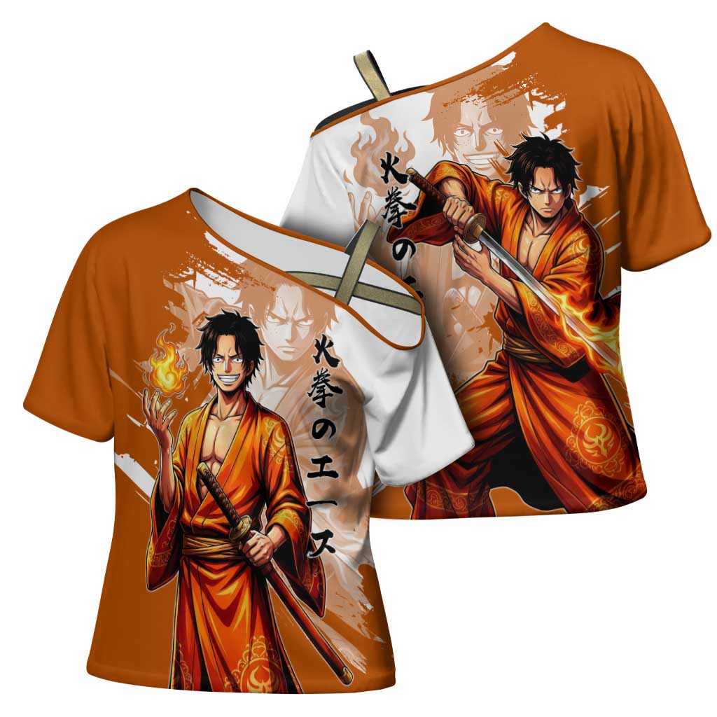 Wano Samurai Portgas D. Ace Cross Shoulder Shirt Fiery One Piece Brush Art