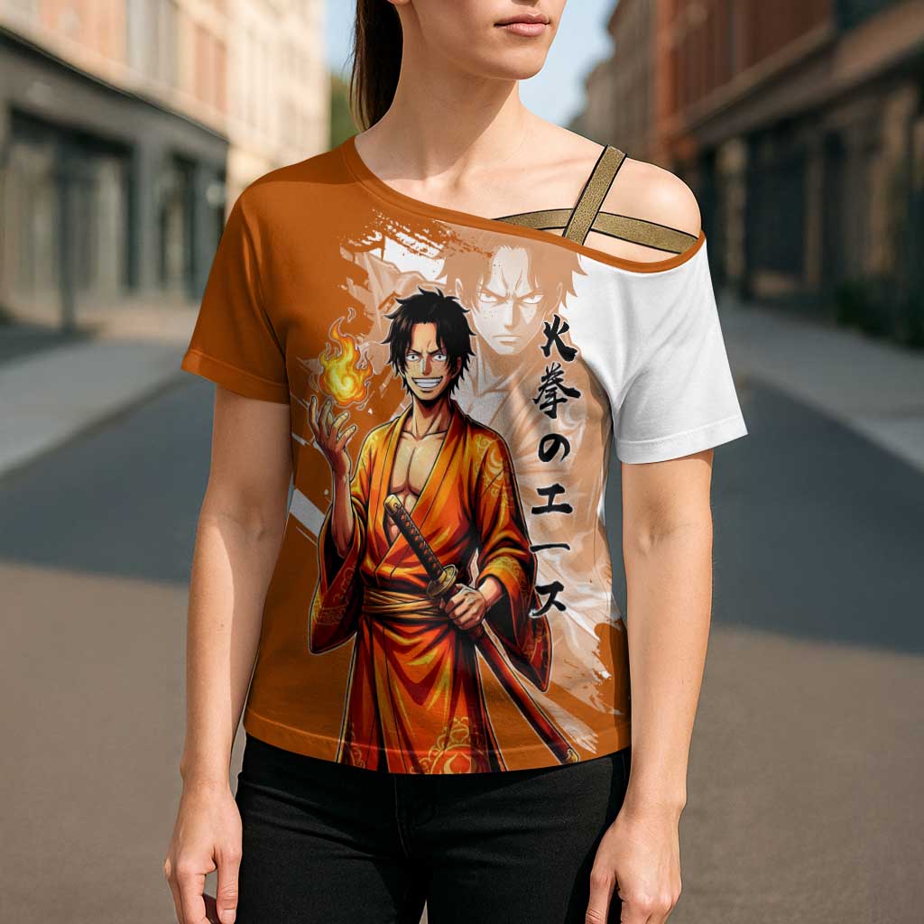 Wano Samurai Portgas D. Ace Cross Shoulder Shirt Fiery One Piece Brush Art
