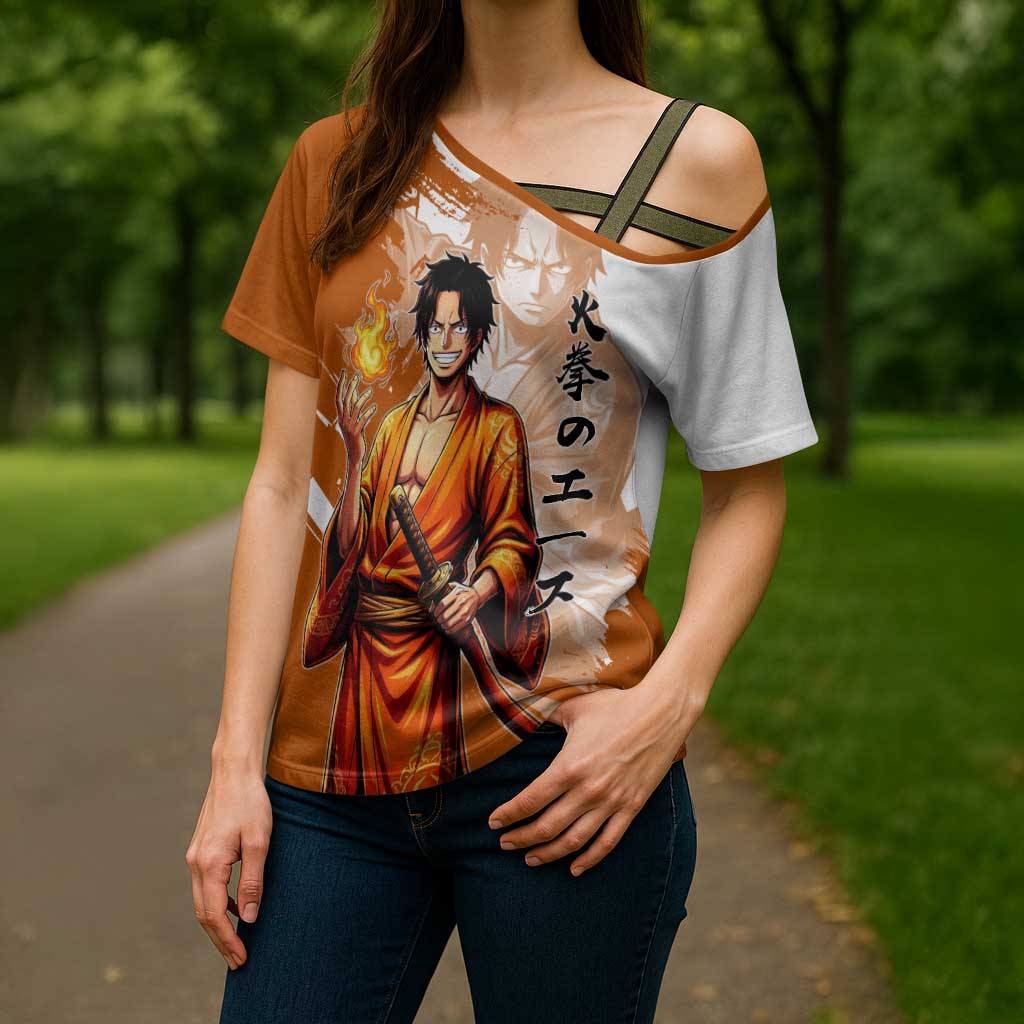 Wano Samurai Portgas D. Ace Cross Shoulder Shirt Fiery One Piece Brush Art