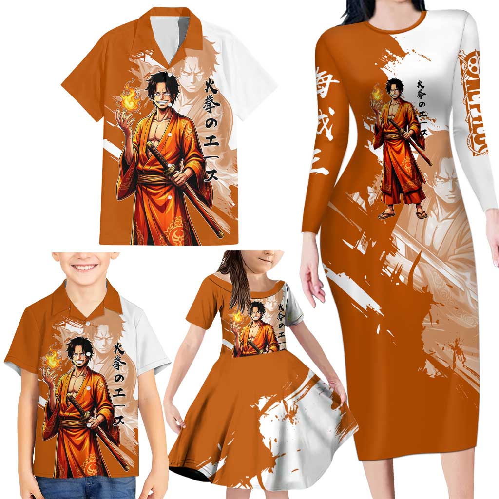 Wano Samurai Portgas D. Ace Family Matching Long Sleeve Bodycon Dress and Hawaiian Shirt Fiery One Piece Brush Art