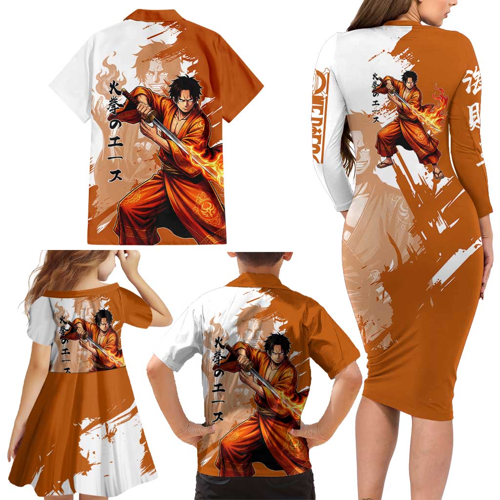 Wano Samurai Portgas D. Ace Family Matching Long Sleeve Bodycon Dress and Hawaiian Shirt Fiery One Piece Brush Art