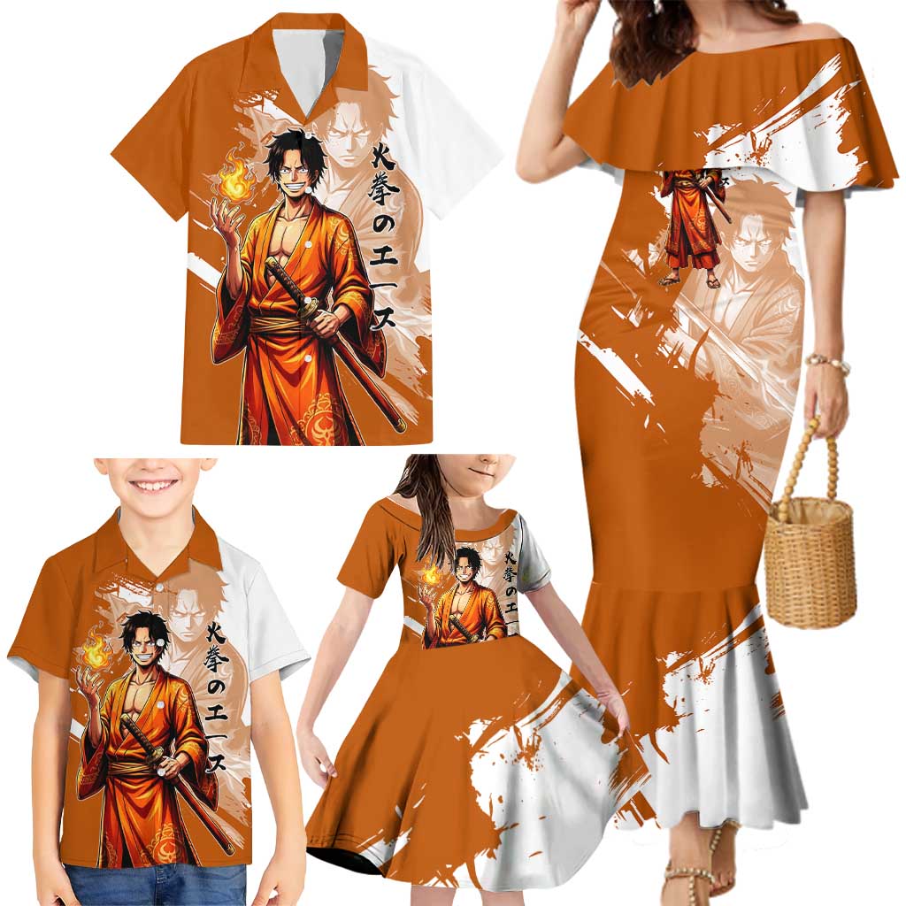 Wano Samurai Portgas D. Ace Family Matching Mermaid Dress and Hawaiian Shirt Fiery One Piece Brush Art