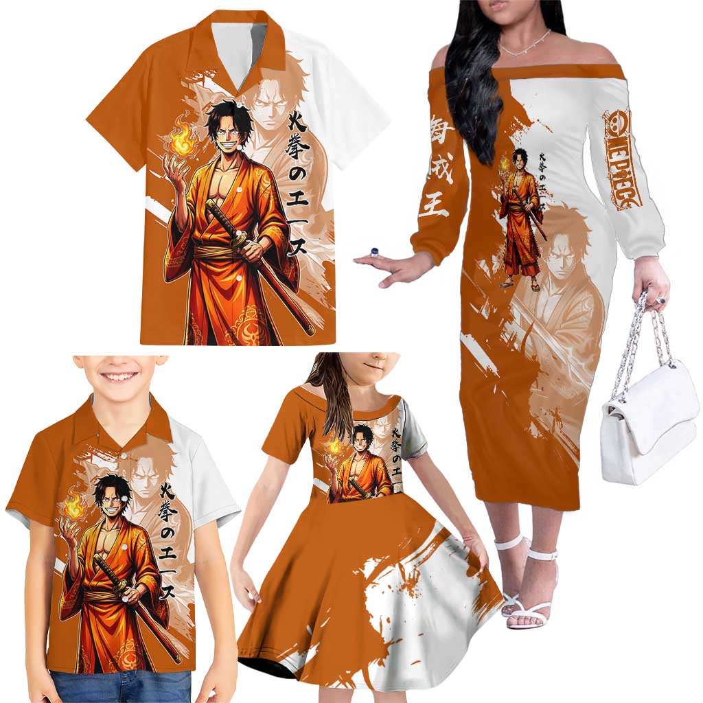 Wano Samurai Portgas D. Ace Family Matching Off The Shoulder Long Sleeve Dress and Hawaiian Shirt Fiery One Piece Brush Art