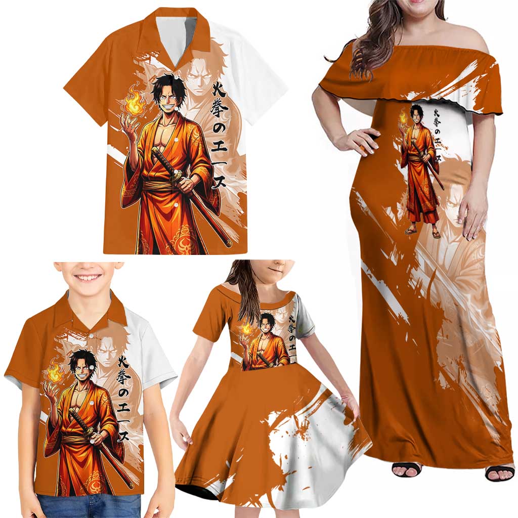 Wano Samurai Portgas D. Ace Family Matching Off Shoulder Maxi Dress and Hawaiian Shirt Fiery One Piece Brush Art