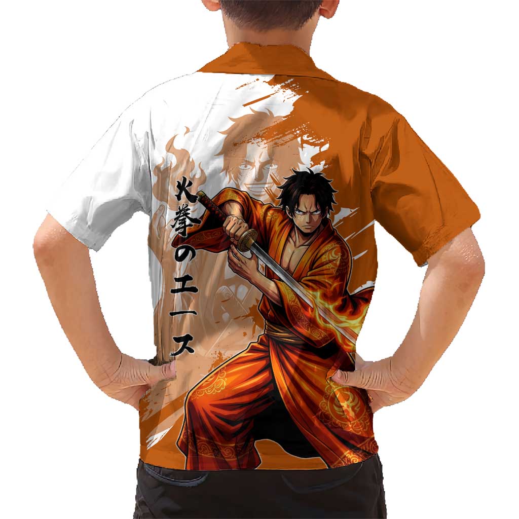 Wano Samurai Portgas D. Ace Family Matching Off Shoulder Maxi Dress and Hawaiian Shirt Fiery One Piece Brush Art