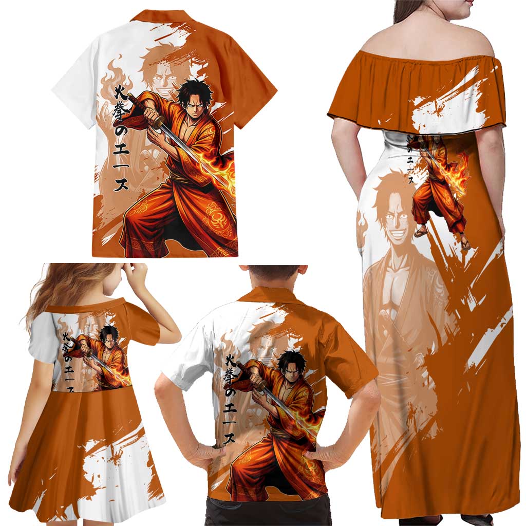 Wano Samurai Portgas D. Ace Family Matching Off Shoulder Maxi Dress and Hawaiian Shirt Fiery One Piece Brush Art