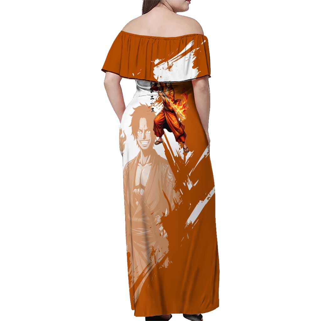 Wano Samurai Portgas D. Ace Family Matching Off Shoulder Maxi Dress and Hawaiian Shirt Fiery One Piece Brush Art