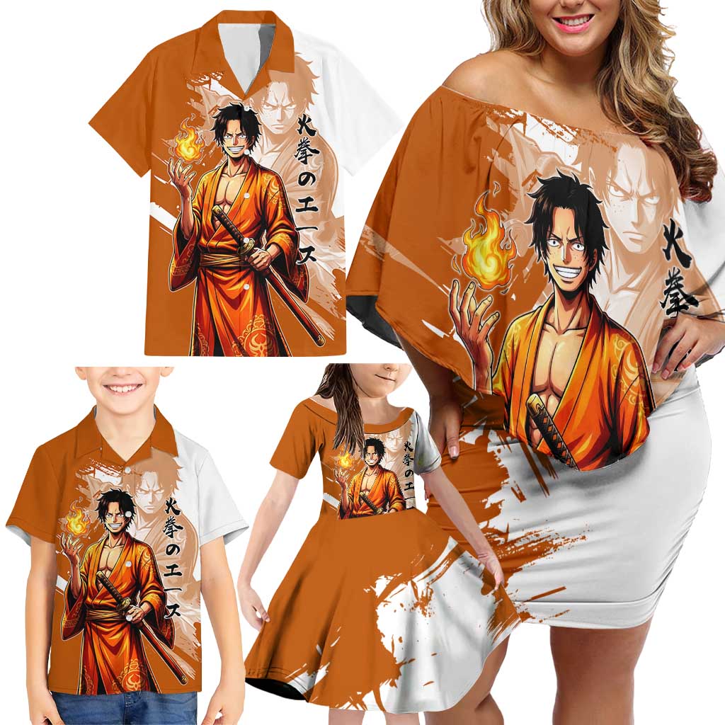 Wano Samurai Portgas D. Ace Family Matching Off Shoulder Short Dress and Hawaiian Shirt Fiery One Piece Brush Art