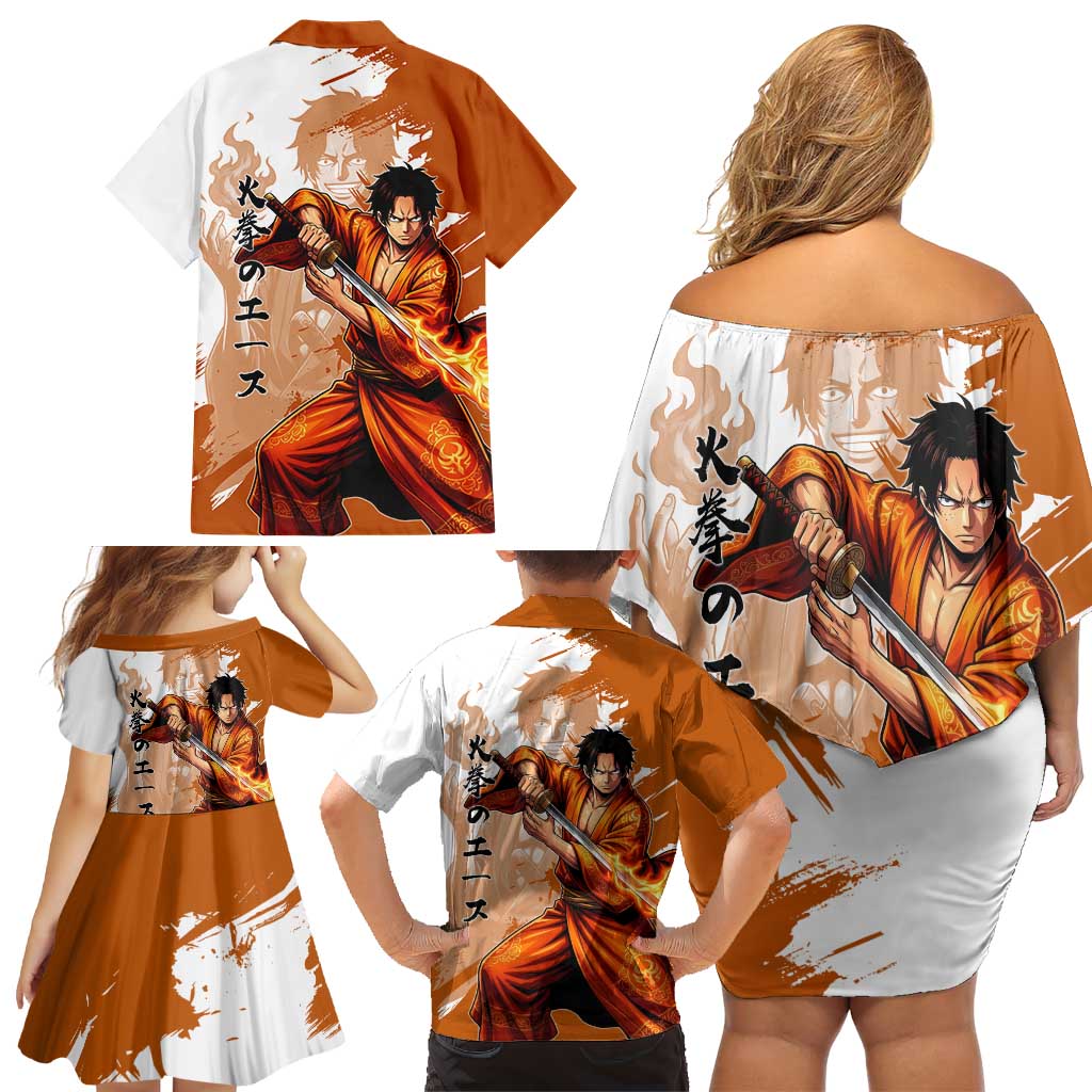 Wano Samurai Portgas D. Ace Family Matching Off Shoulder Short Dress and Hawaiian Shirt Fiery One Piece Brush Art