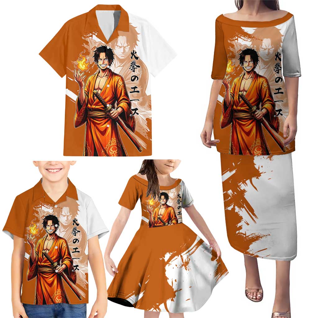 Wano Samurai Portgas D. Ace Family Matching Puletasi and Hawaiian Shirt Fiery One Piece Brush Art